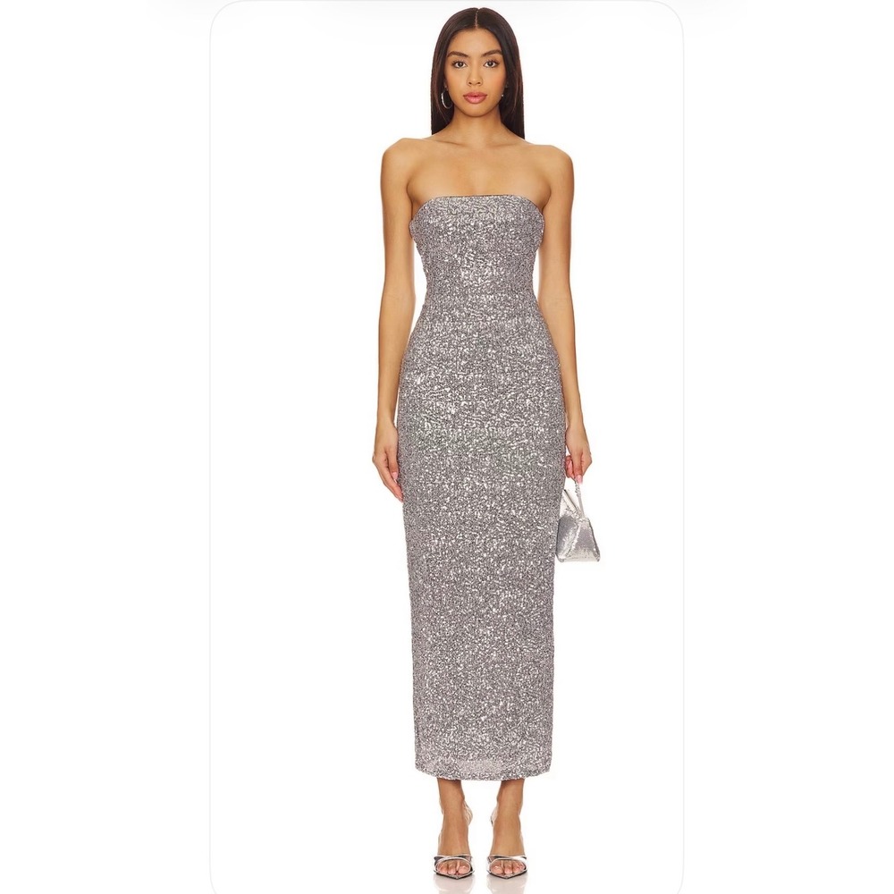 NWT Camila Coelho Atiena Sequin Midi Dress S Silver Strapless Formal Holiday